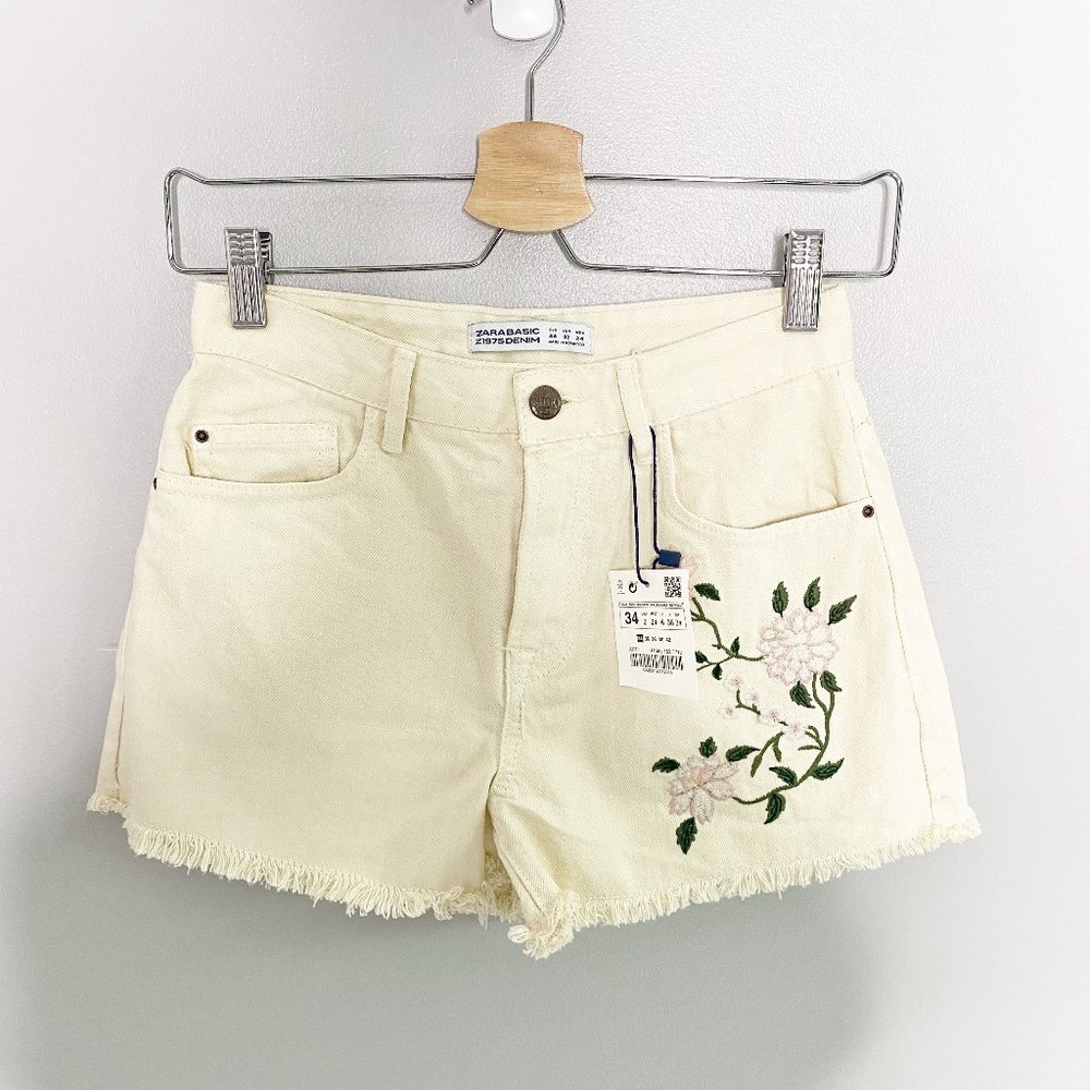SOLD Zara High Waisted White Floral Denim Shorts - Picture 2 of 8